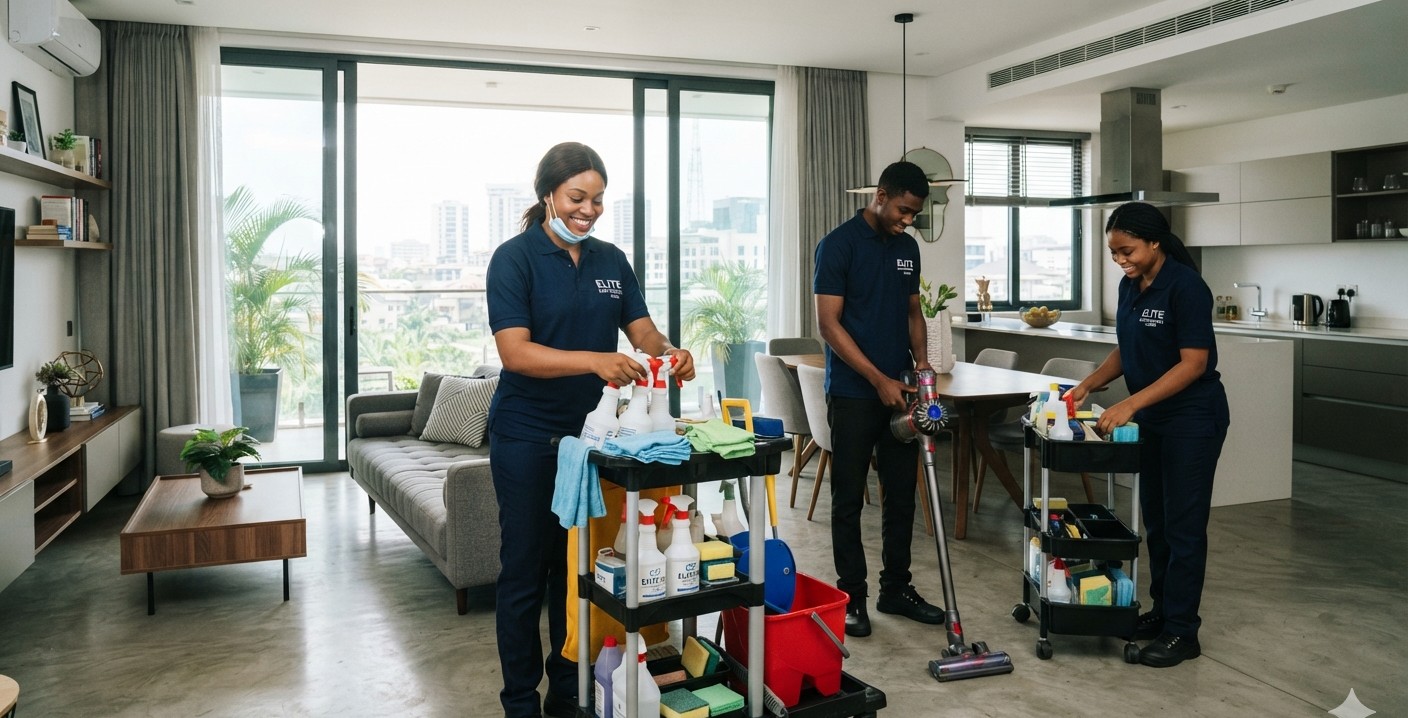 Professional cleaner preparing a room